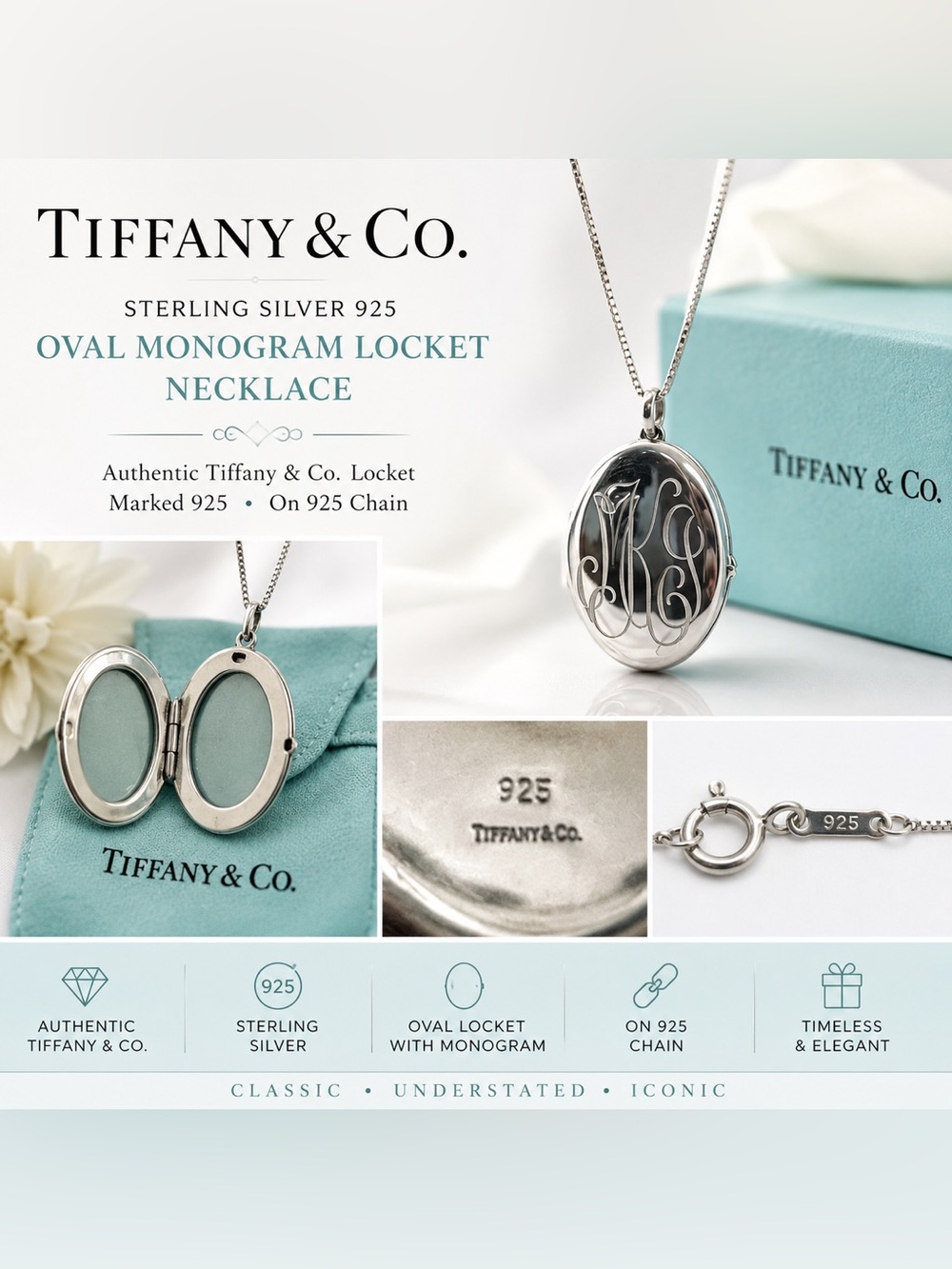 Tiffany & Co. Sterling Silver Monogram Oval Locket Necklace - Silver Chain